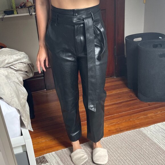 NWOT Aritzia Wilfred Tie Front Vegan Leather Dress Pants High Waist Belted Sz 6 - Picture 1 of 2